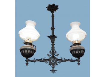 Ornate Cast Iron Double Arm Electrified Oil Lamp Chandelier