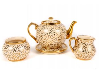 Sudlow's Burslem English Gold Gild Teapot, Creamer, Sugar Bowl And Underplate