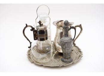 Silverplate Servingware - Crescent Cruet With Stopper, Decanter, Water Pitcher, Tray And More