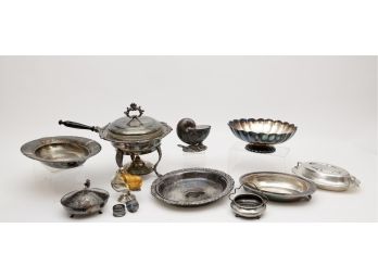 Silverplate Serving Pieces - Chafing Dish With Glass Insert, Oval Covered Vegetable Serving Bowl And More