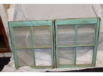 Pair Of Vintage Green Painted Wood Windows 18.75' X 23.5'