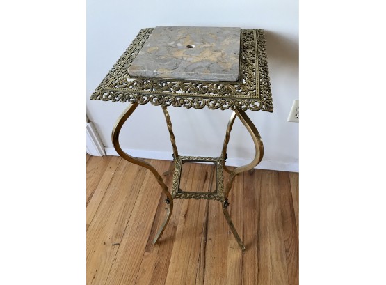 Unique Vintage Brass And Marble Top Plant/acccent Table With Amazing Details