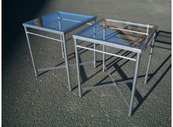 Handsome Pair MCM Style / Modern Tables  - Silver Finish W/Glass Tops - BEAUTIFUL !