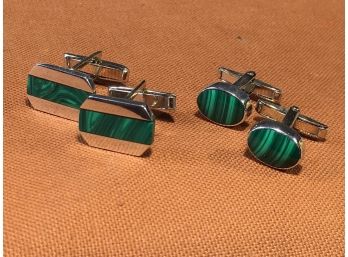 (J11) Two Pair Vintage Sterling Silver & Malachite Cuff Links - Great Looking !