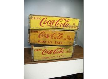 Three 1940'S Yellow & Red COCA-COLA Wooden Crates - Dozens Of Uses