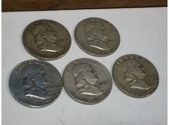 (J42) 5 Franklin Half Dollars - All Silver (Three 1953's & 1955 & 1951)