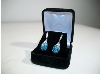 (J51) Sterling Silver Teardrop Earrings W/White & Baby Blue Crystals