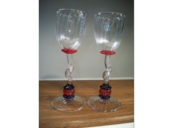 Pair Fantastic Italian Art Glass / MURANO Style Goblets - VERY PRETTY ! (Signed)