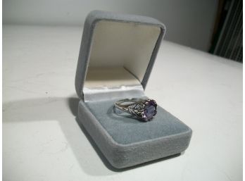 (J48) Ornate Sterling Silver Ring W/ Amethyst - Very Pretty Piece