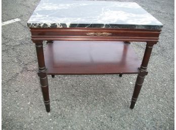 Handsome Marble Top Table W/Walnut Base - Rectangular / One Shelf