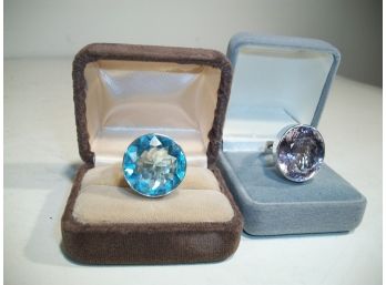 (J53) Two HUGE Cocktail Rings In STERLING SILVER - WOW ! (Amethyst & Aquamarine)