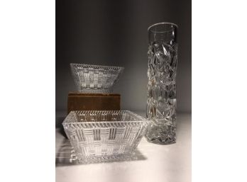 Lovely Lot Of Three (3) TIFFANY & Co Crystal - Two Square Bowls & Tall 'Rock Cut' Vase