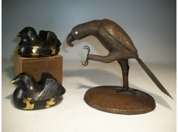 Fabulous Antique Bronze Bird Statue & Two Bronze (Brass) Birds