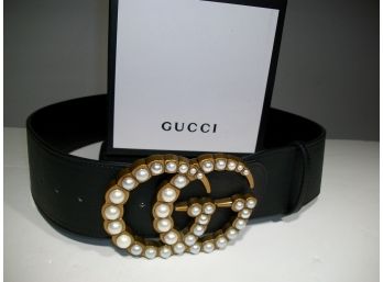Incredible Oversized Womans Gucci STYLE Belt HUGE 'GG' Buckle & Pearls W/Box