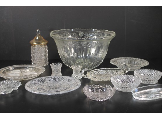 Vintage Lot Of Crystal And Cut Glass W/Large Punch Bowl, Decorative Plate, Candy Dishes, Etc.
