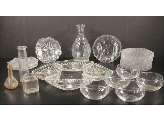 Lot Of Vintage Cut Glass & Crystal Including Frosted Dishes, Decanter, Jars, Finger Bowls, Etc.