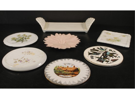 Group Of Vintage Porcelain Trivets And A Cracker Tray