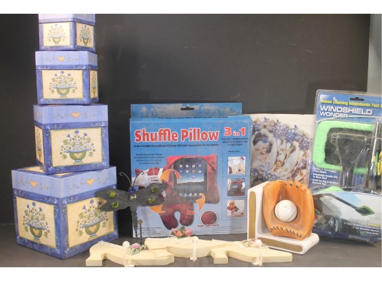 Group Of Housewares With Nesting Boxes, Shuffle Pillow, Victorian Fan, Windshield Cleaner Etc