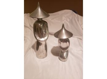 Two Unique Silver Asian Figurine With Drum Symbol Hats