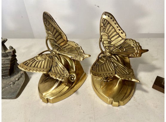 Beautiful Detailed Brass Butterfly Bookends And Two Additional Pairs Of Metal Bookends