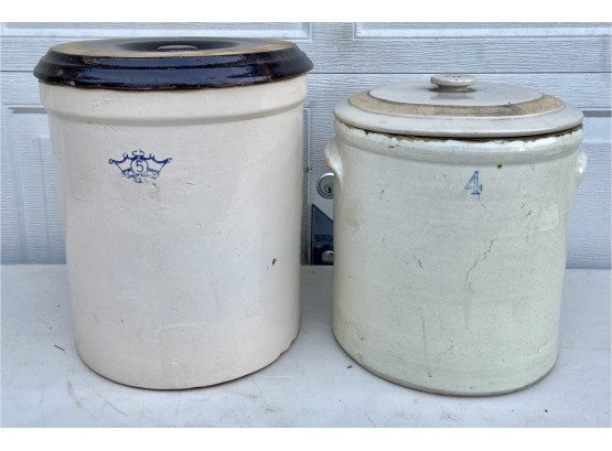 Two Large Stoneware Crocks With Lids