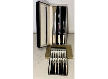 Six New In Box Sheffield Steak Knives And A Beautiful Pearlite Handled Stainless Steel Carving Set