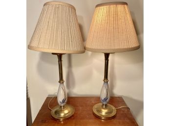 Pair Of Delicate Brass Tone And Ceramic Table Lamps