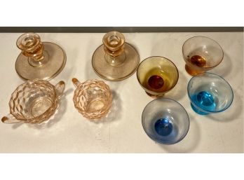 Depression Glass Candles, Cream And Sugar Plus Colorful MCM Vodka Glasses