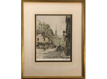 Hans Figura (1898 -1978) - French Village -  Signed Etching On Silk - Framed