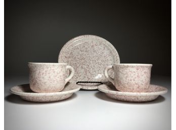 Pink Speckled Pottery Mugs & Saucers With Plate