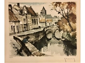 Roger Hebbelinck (1912 - 1987) - Canal View With Bridge - Signed & Numbered Etching