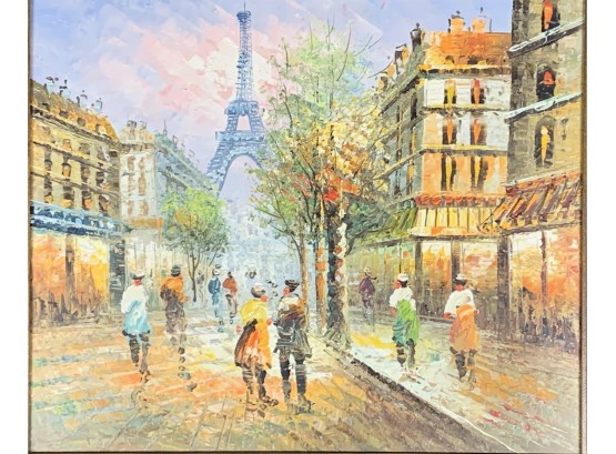Decorative Oil On Canvas Depicting A Paris Street Scene