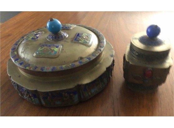 Vintage Pair Of Brass And Jeweled Trinket Jewelry Box Made In India Decorative Art Pieces