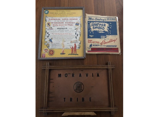 Vintage Boy Scout BSA Moravia Two Framed Indian Guides Pieces & Spatter Shield