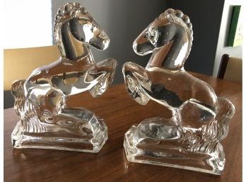 Vintage Mid Century Modern Heavy Glass Decorative Pair Of Horses Book Ends
