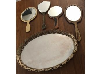Four Antique Hand Mirrors And Gold Plated Mirror Antique Oval Decorative Vanity Tray