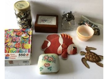 Vintage Junk Drawer Lot Music Box,Buttons, Fish Plaque And More
