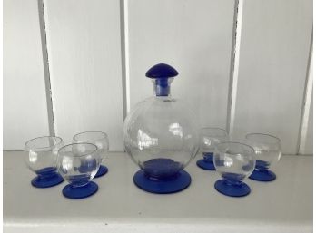 Vintage Glass And Cobalt Decanter With Cordial Glasses