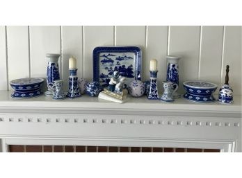 Large Lot Of Blue And White Decorative Pieces