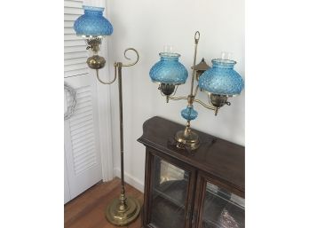 Pair Of Vintage Lamps With Blue Glass Shades