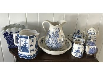 7 Pieces Of Blue And White Decor Including A Large Pitcher And  Bowl