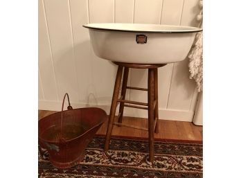 Vintage Enamelware Basin , Bucket And Stool