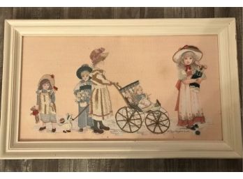 Vintage Victorian Needlepoint Of A Mom And Children