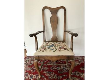 Vintage Wooden Accent Chair With Crewel Embroidered Seat