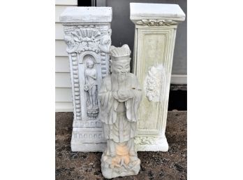 Outdoor Cement Statue And Two Outdoor Plant Stands