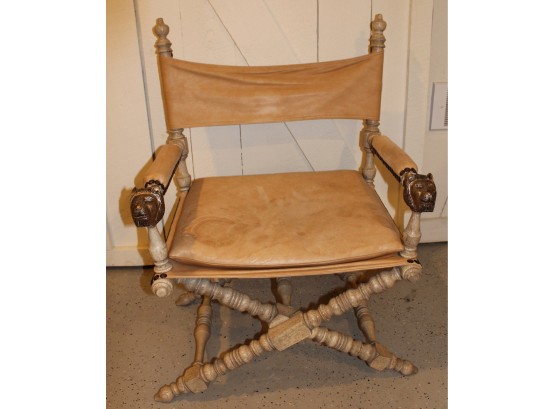 Director Style Suede Chair With Lion Heads