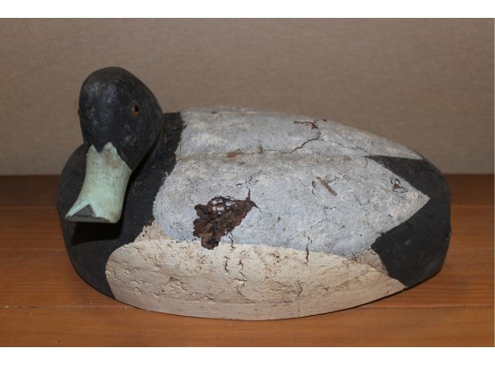 Antique Painted Cork Duck Decoy W/Glass Eyes & Wood Base
