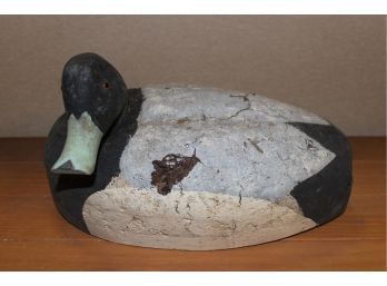 Antique Painted Cork Duck Decoy W/Glass Eyes & Wood Base