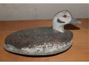 Antique Painted Cork Duck Decoy W/Metal Tack Eyes & Wood Base