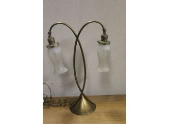 Vintage Art Deco Brass Double Arm Table Lamp W/Etched Frosted Shades - Works